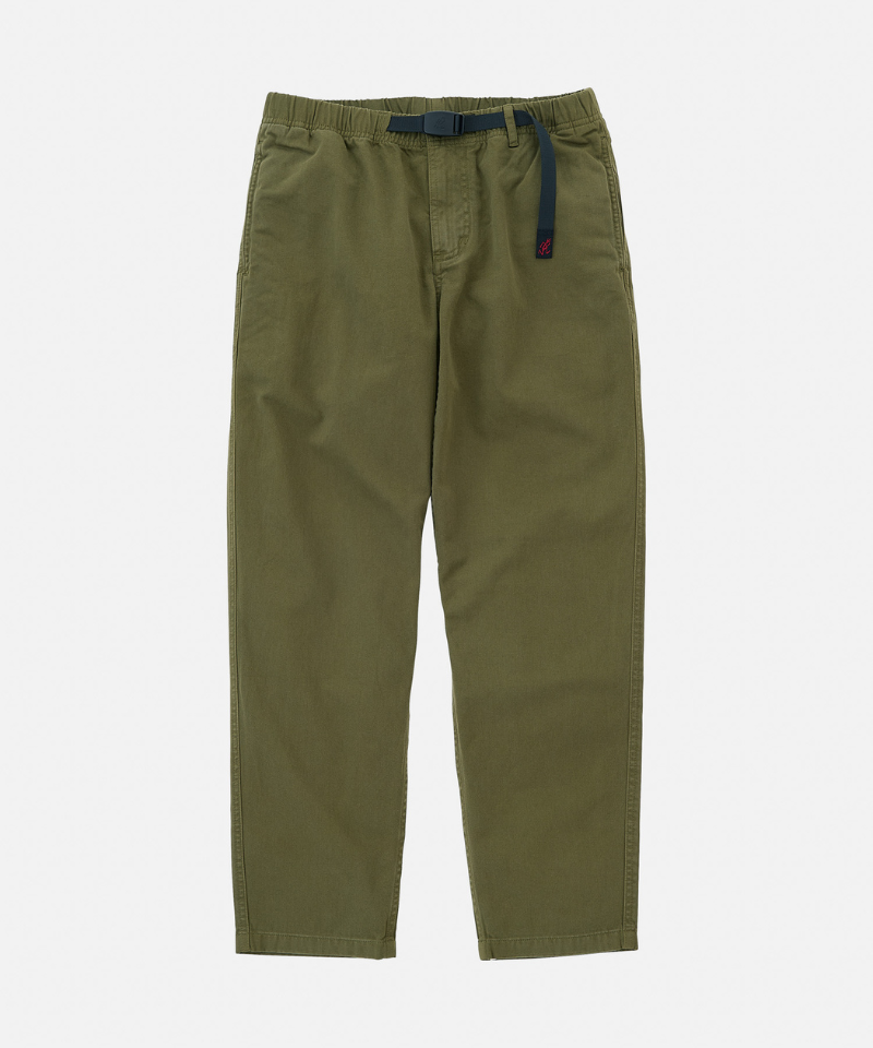 Olive green pants with a black belt featuring a small red embroidered Gramicci logo.