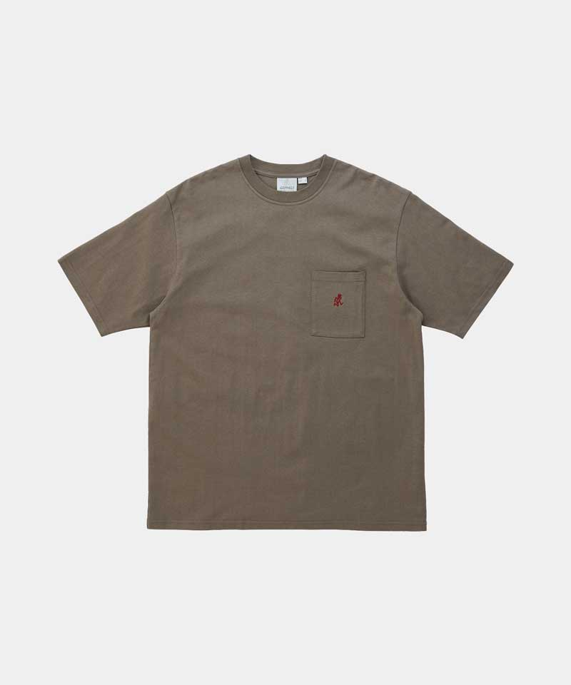 Gramicci coyote brown One Point Tee with a small running man graphic against a light-tone background.