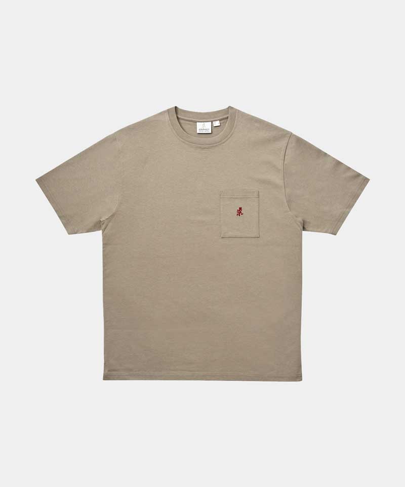 Gramicci smoky sand colored One Point Tee with a small running man graphic against a light-tone background.