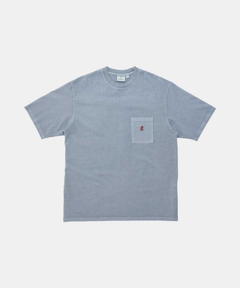 Gramicci slate pigment One Point Tee with a small running man graphic against a light-tone background.