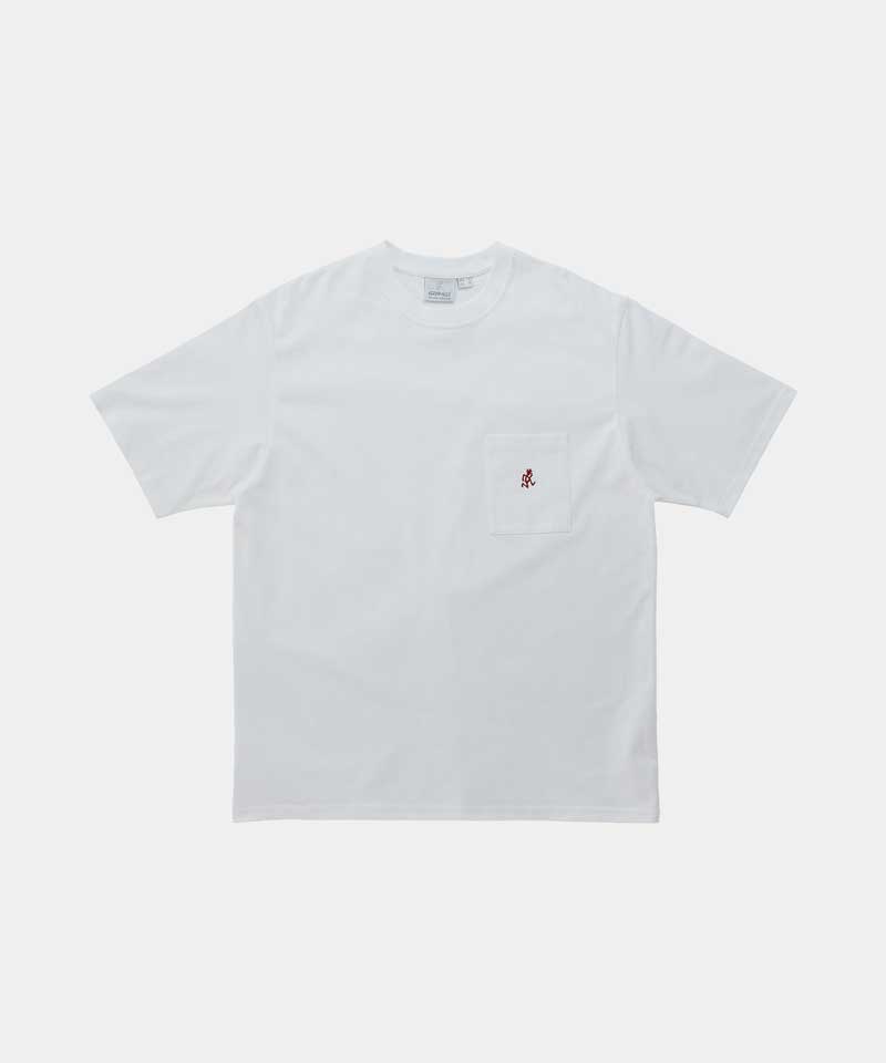 Gramicci white One Point Tee with a small running man graphic against a light-tone background.