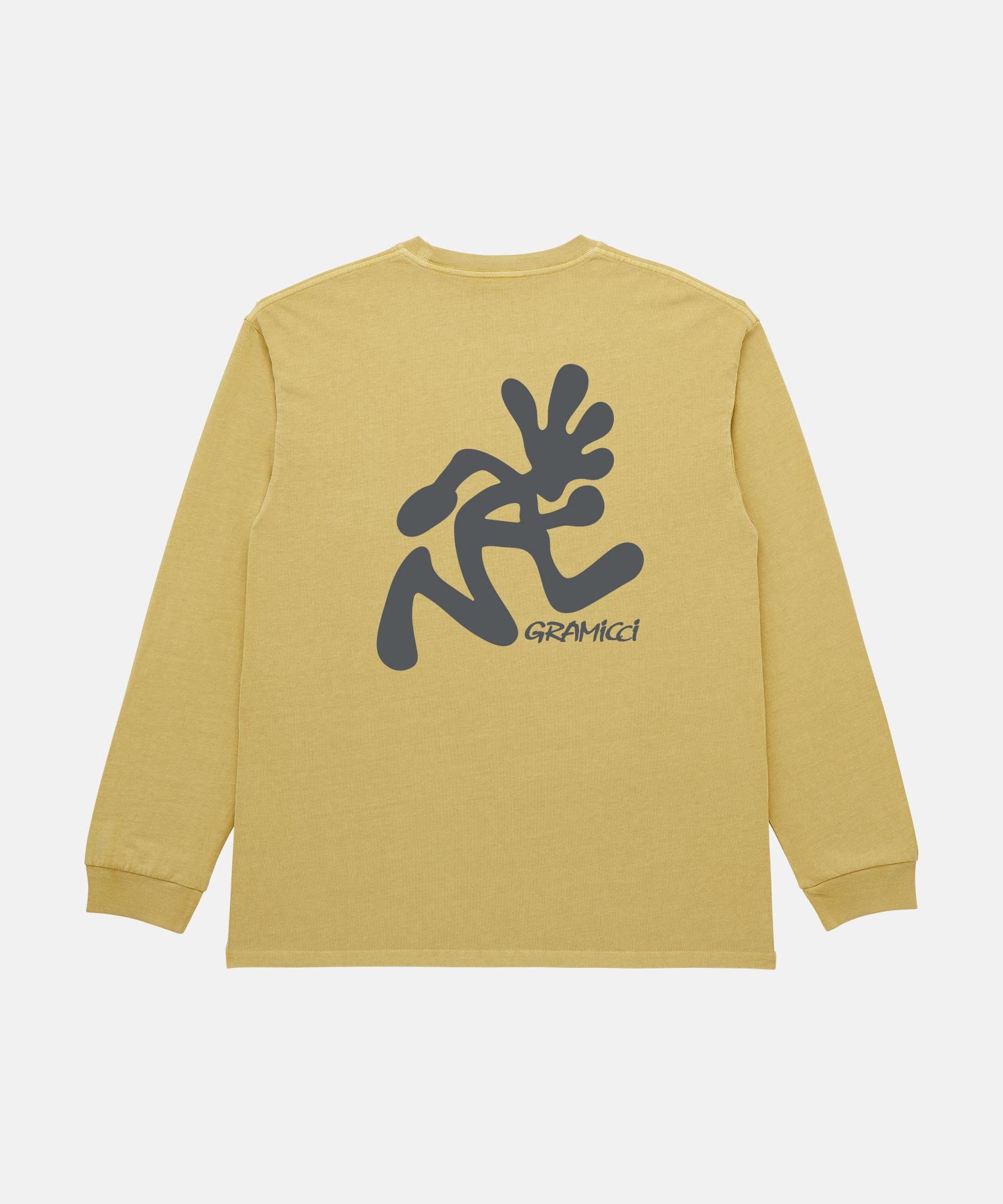 Back view of a Gramicci sulpher pigment Running Man L/S Tee Pigment Dyed with a grey graphic against a light-tone background.