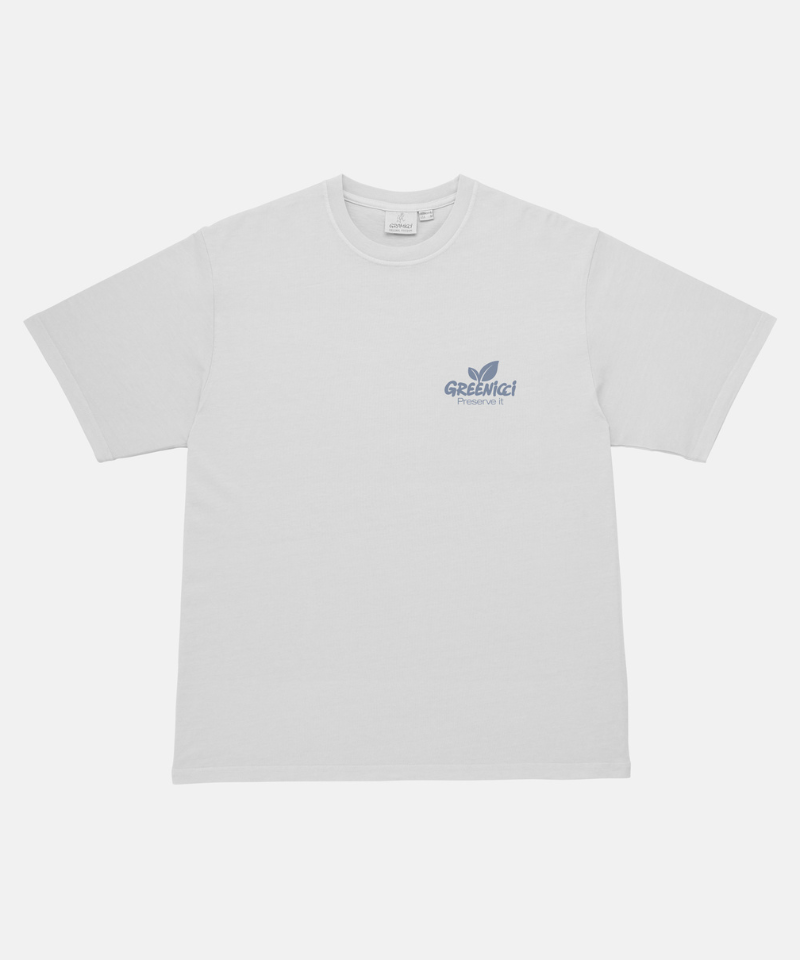 White t-shirt with a Greenicci logo on a white background
