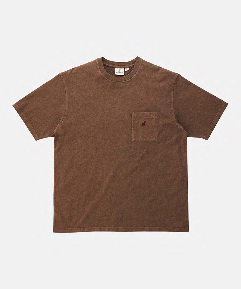 Gramicci brown pigment One Point Tee with a small running man graphic against a light-tone background.