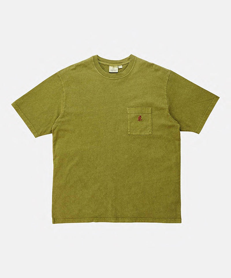 Gramicci pistachio pigment One Point Tee with a small running man graphic against a light-tone background.