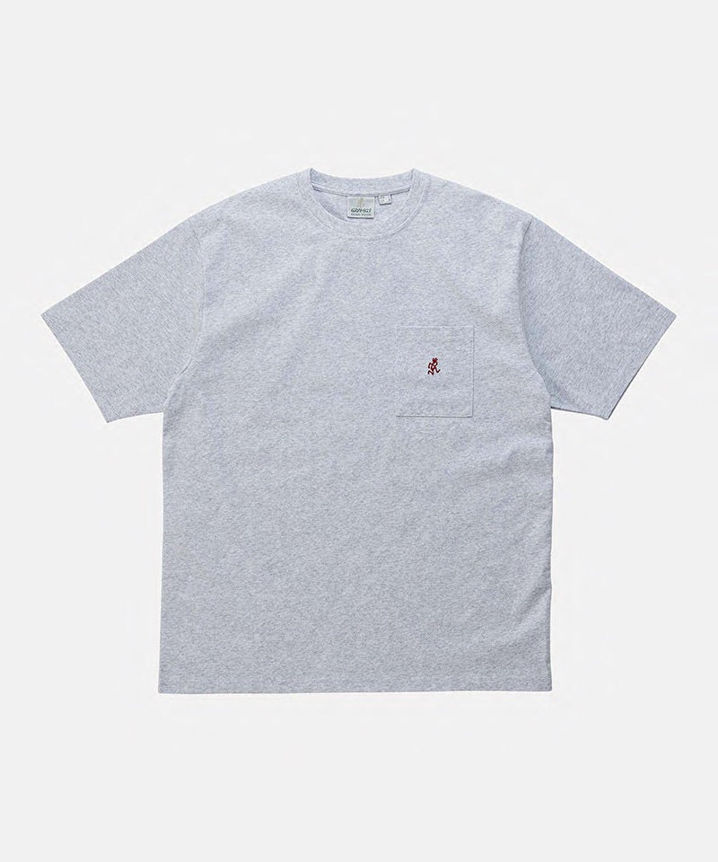 Gramicci grey heather One Point Tee with a small running man graphic against a light-tone background.