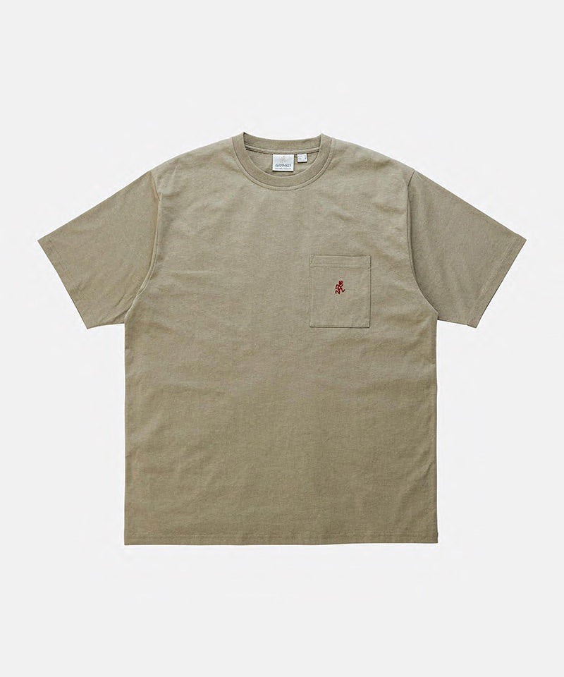 Gramicci khaki One Point Tee with a small running man graphic against a light-tone background.