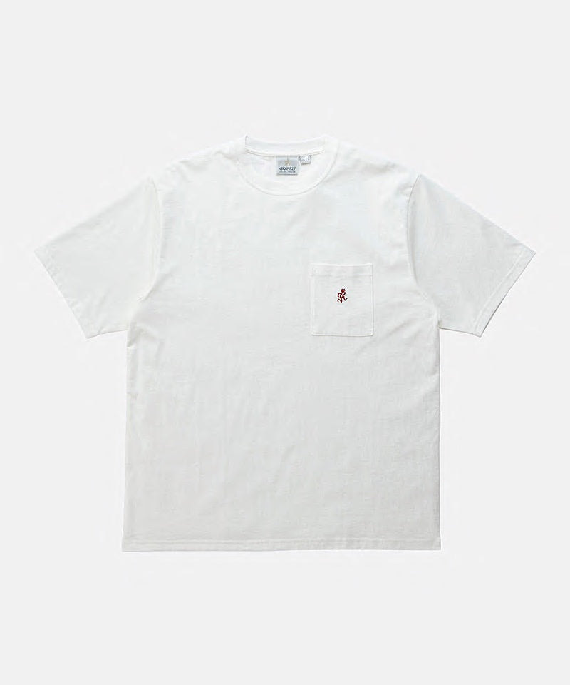 Gramicci white One Point Tee with a small running man graphic against a light-tone background.