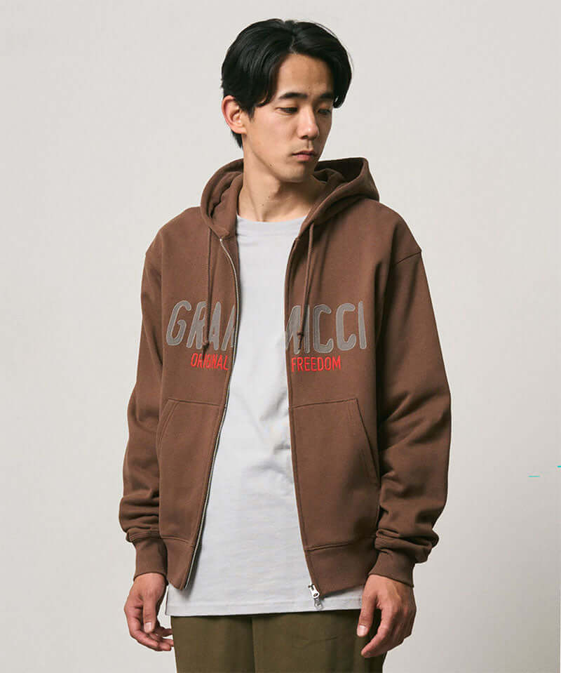 Gramicci Spell Out Zip Hooded Sweatshirt Color: BROWN