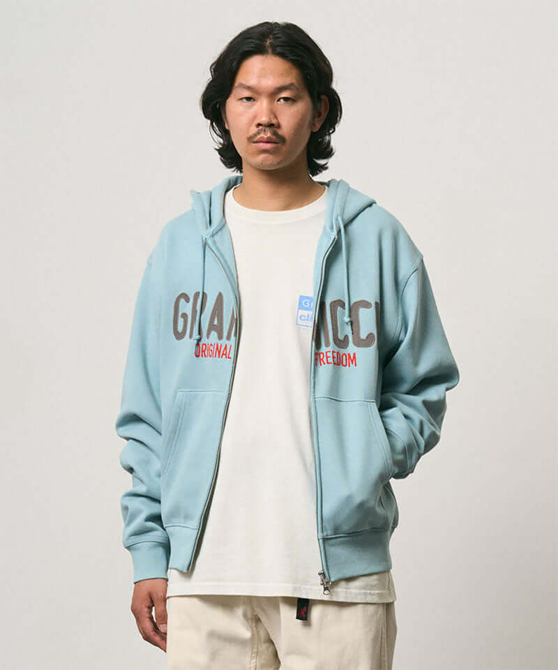 Gramicci Spell Out Zip Hooded Sweatshirt Color: STONE BLUE