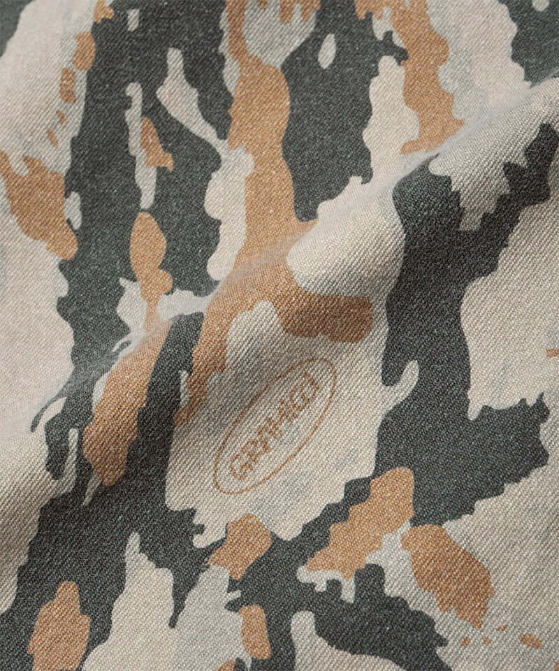 Bark camo colored Denim Gramicci Pant Straight Fit fabric swatch.