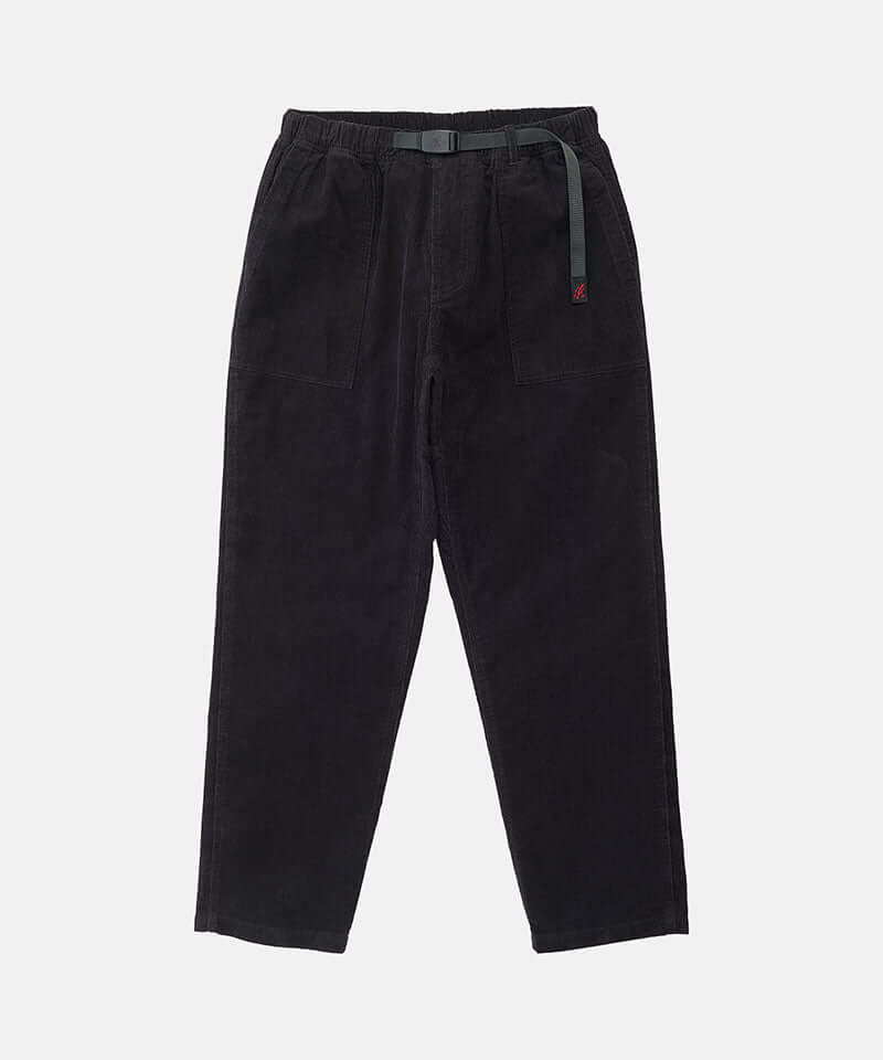 Black Gramicci Corduroy Loose Tapered Ridge Pants with a belt against a light-tone background.