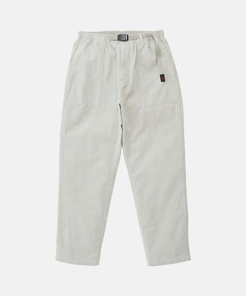 Smokey grey Gramicci Corduroy Loose Tapered Ridge Pants with a belt against a light-tone background.