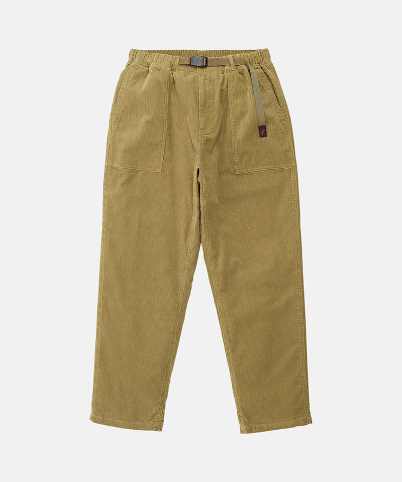 Tan Gramicci Corduroy Loose Tapered Ridge Pants with a belt against a light-tone background.