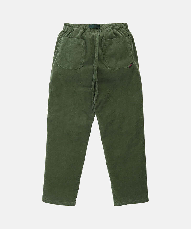 Back view of toned olive colored Gramicci Corduroy Loose Tapered Ridge Pants on a light-tone background.