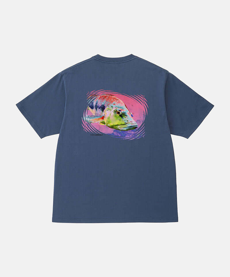 Back view of a Gramicci navy Bass Tee with a graphic against a light-tone background.