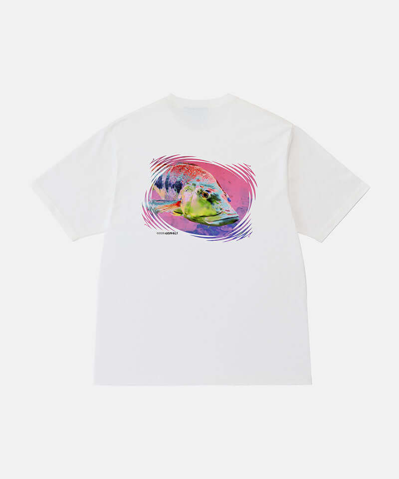 Back view of a Gramicci white Bass Tee with a graphic against a light-tone background.