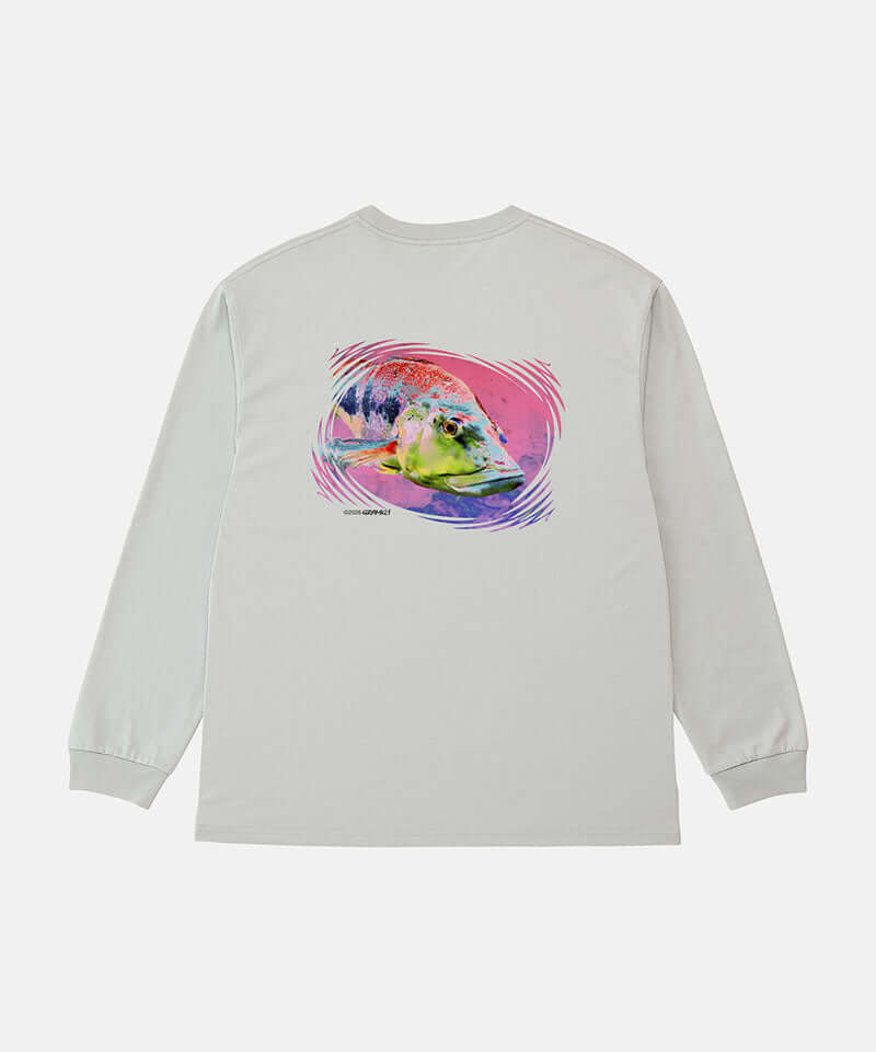 Back view of a Gramicci mist colored Bass Long-Sleeve Tee with a graphic against a light-tone background.