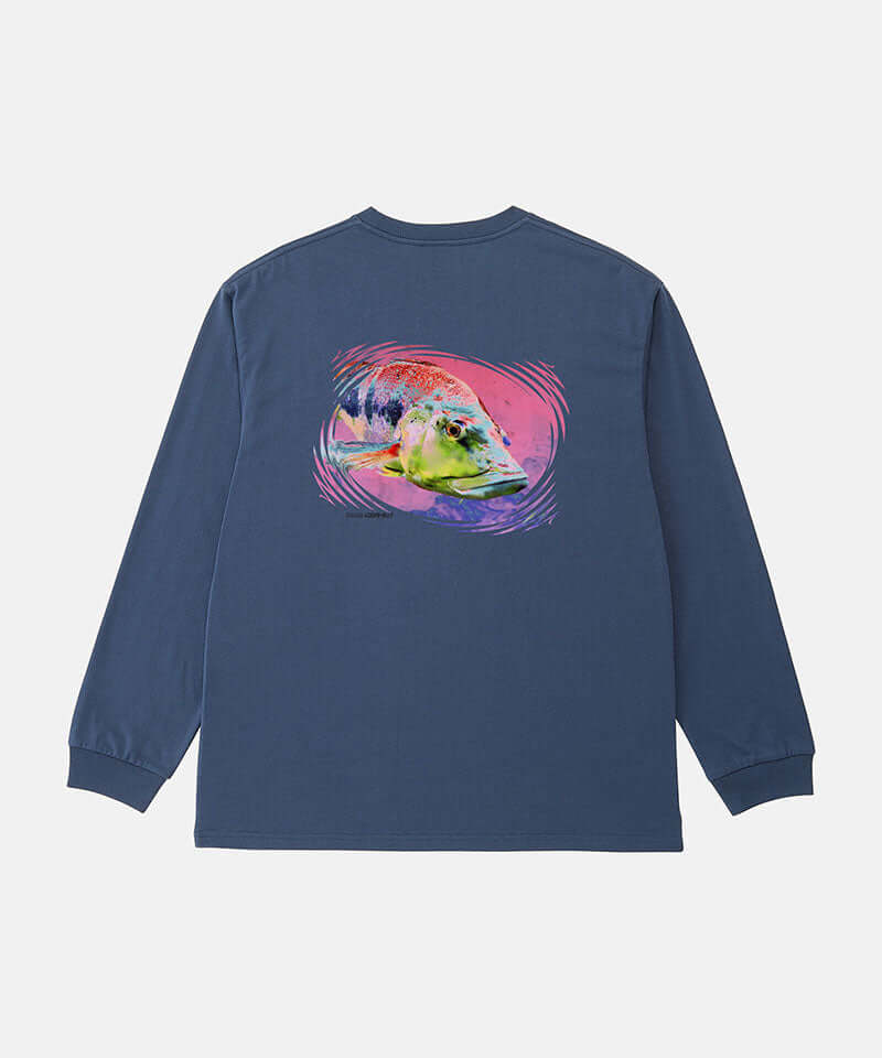 Back view of a Gramicci navy Bass Long-Sleeve Tee with a graphic against a light-tone background.