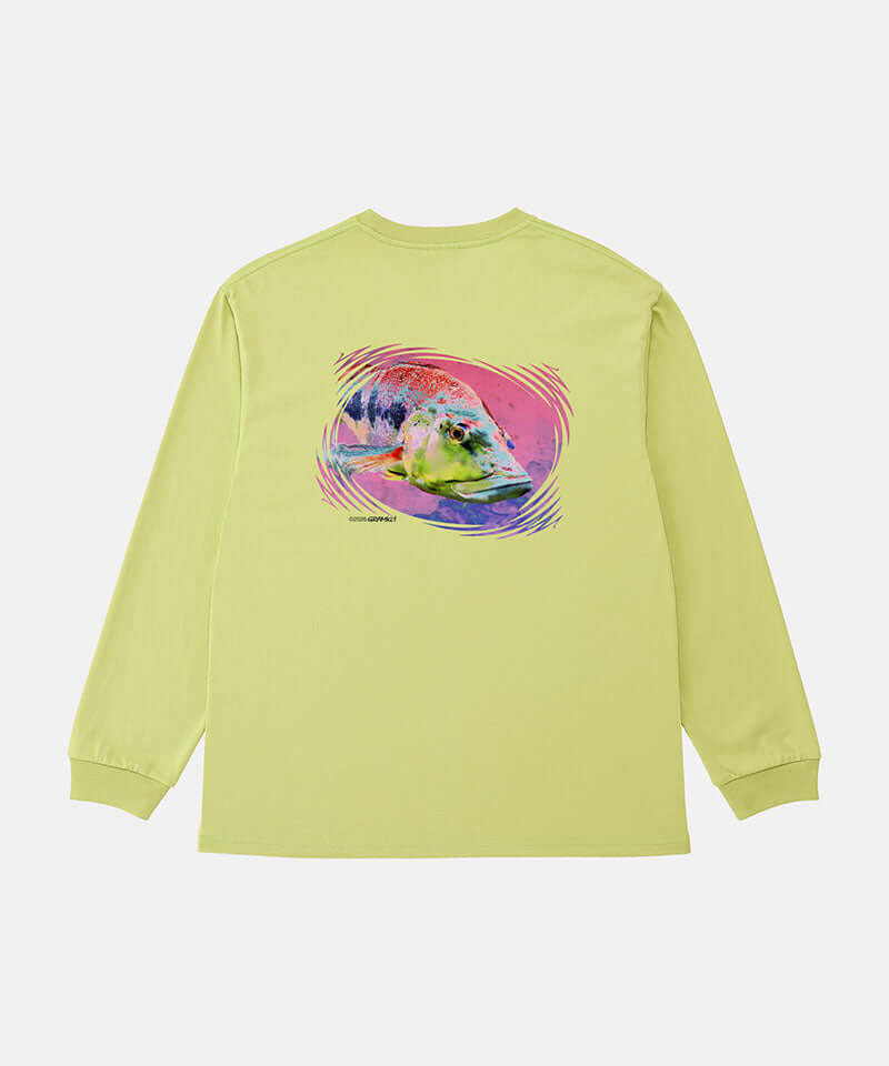 Back view of a Gramicci sweet pea colored Bass Long-Sleeve Tee with a graphic against a light-tone background.