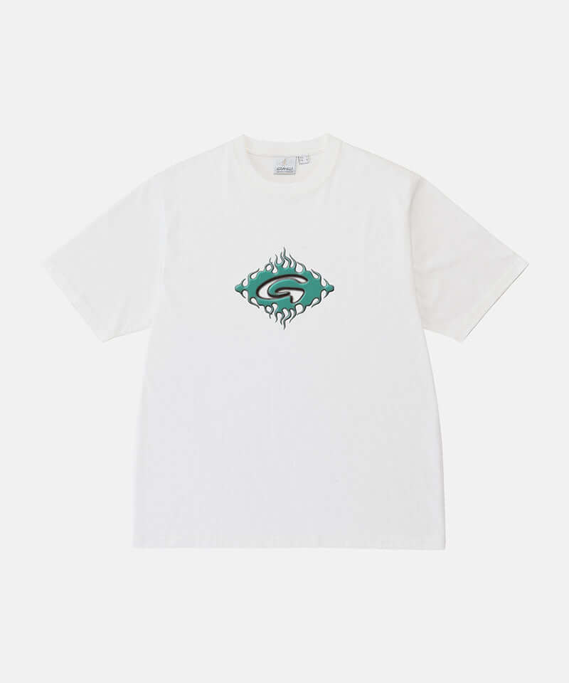 Gramicci white Flames Tee with a graphic against a light-tone background.