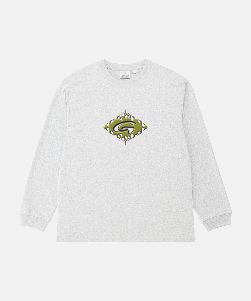 Gramicci ash heather colored Flames Long Sleeve Tee with a graphic against a light-tone background.