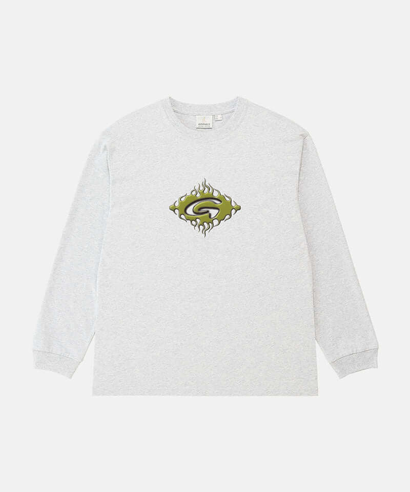 Gramicci ash heather colored Flames Long Sleeve Tee with a graphic against a light-tone background.