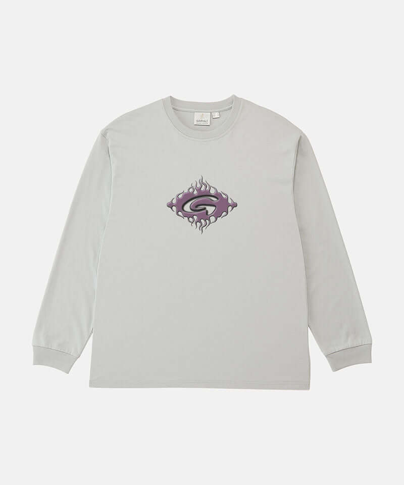 Gramicci mist colored Flames Long Sleeve Tee with a graphic against a light-tone background.