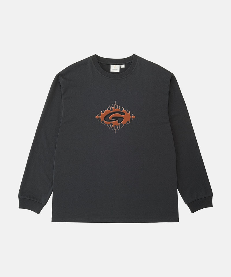 Gramicci vintage black Flames Long Sleeve Tee with a graphic against a light-tone background.