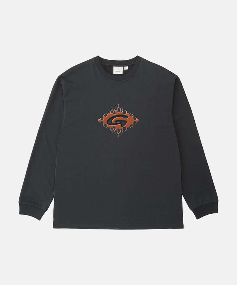 Gramicci vintage black Flames Long Sleeve Tee with a graphic against a light-tone background.