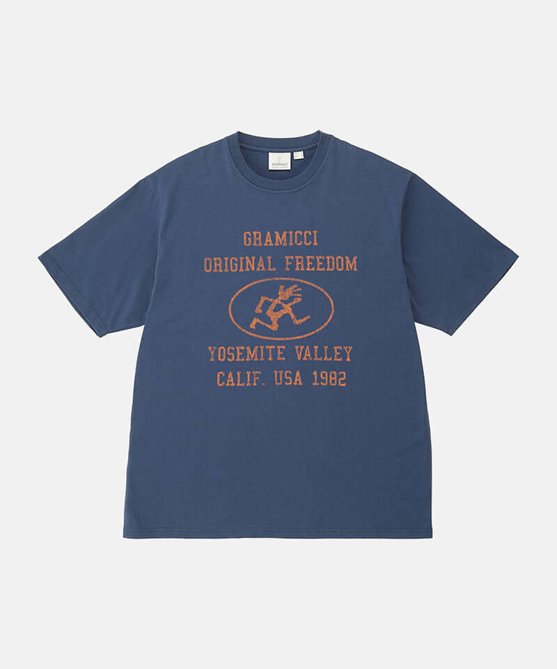 Gramicci navy Yosemite Valley Tee with a graphic against a light-tone background.