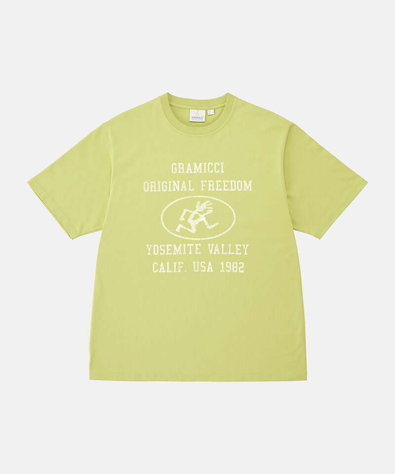 Gramicci sweet pea colored Yosemite Valley Tee with a graphic against a light-tone background.