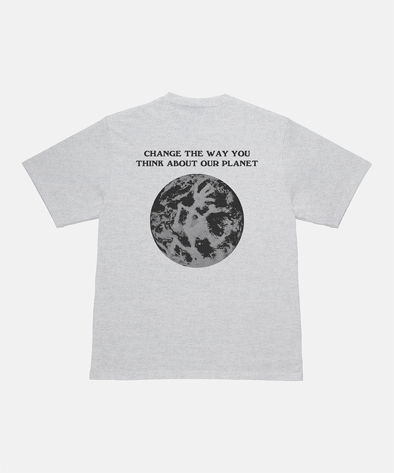 Back view of a Gramicci ash heather Earth Tee with a graphic against a light-tone background.