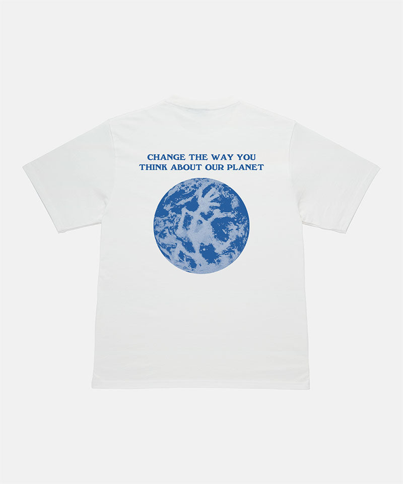 Back view of a Gramicci sage pigment colored Earth Tee with blue graphic against a light-tone background.