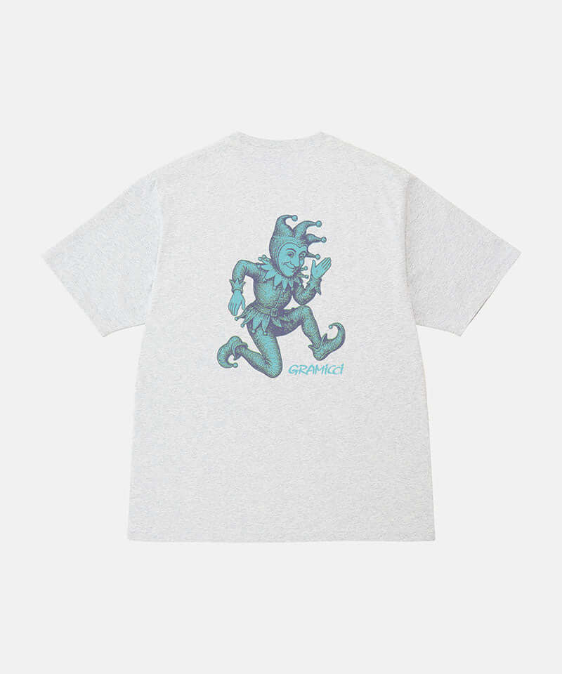 Back view of a Gramicci ash heather color Joker Tee with a teal graphic against a light-tone background.