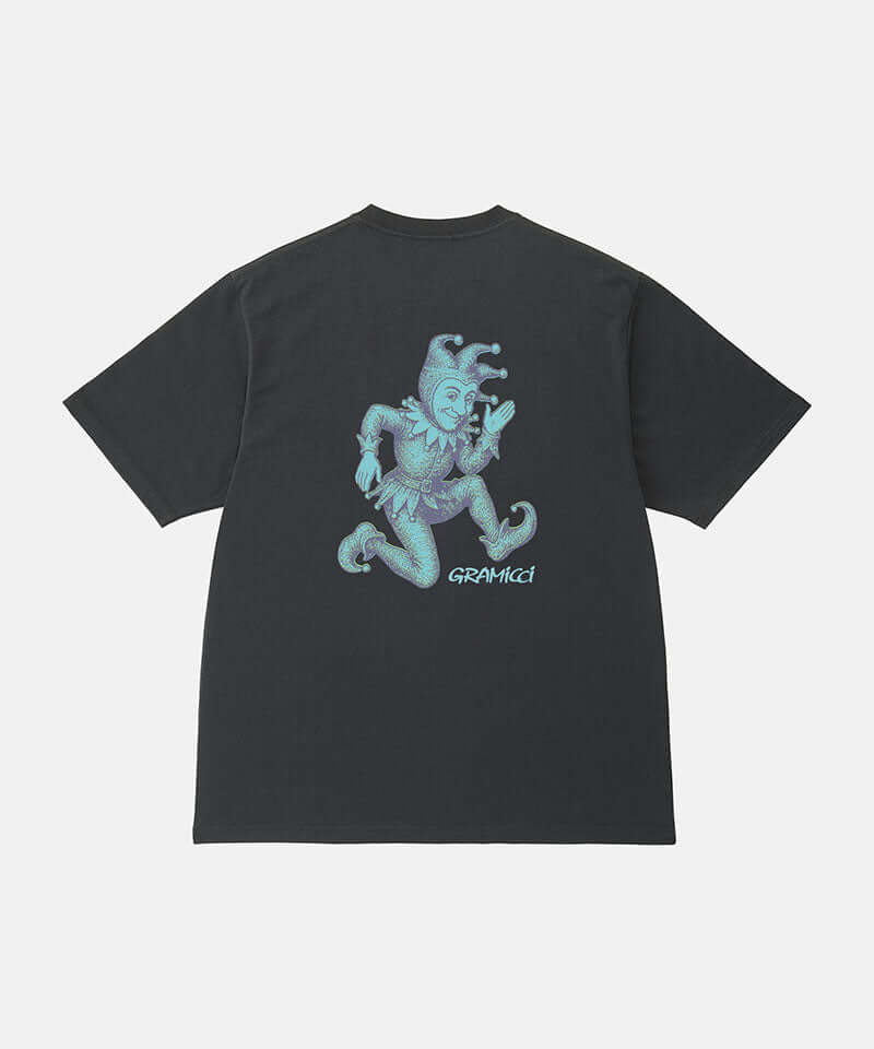 Back view of a Gramicci vintage black Joker Tee with a teal graphic against a light-tone background.
