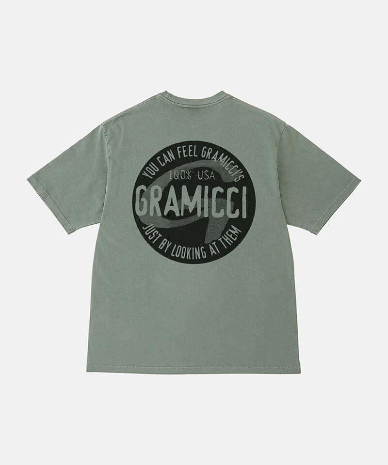 Back view of a Gramicci sage pigment colored Icon Tee Pigment Dyed with a graphic against a light-tone background.