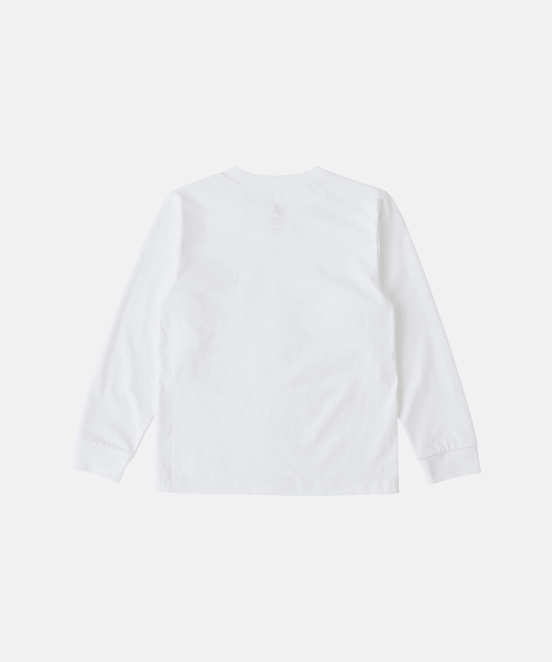 Back view of a Gramicci white One Point Logo Long Sleeve Tee against a light-tone background.