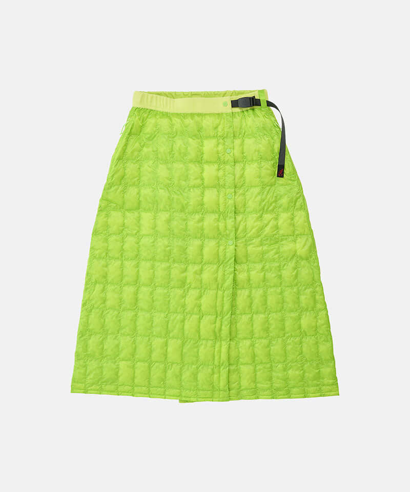 Lime colored Gramicci G-Zero Primaloft Skirt against a light-tone background.