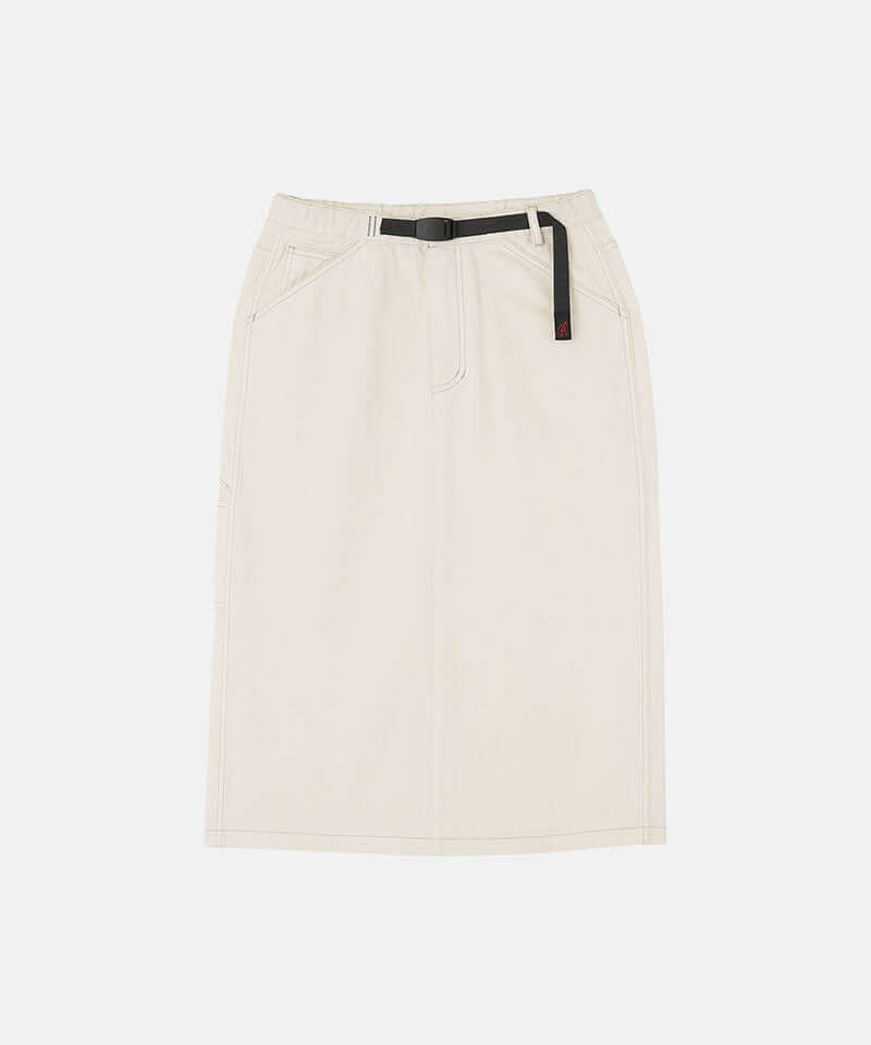 Bone colored Gramicci Denim Carpenter Skirt against a light-tone background.
