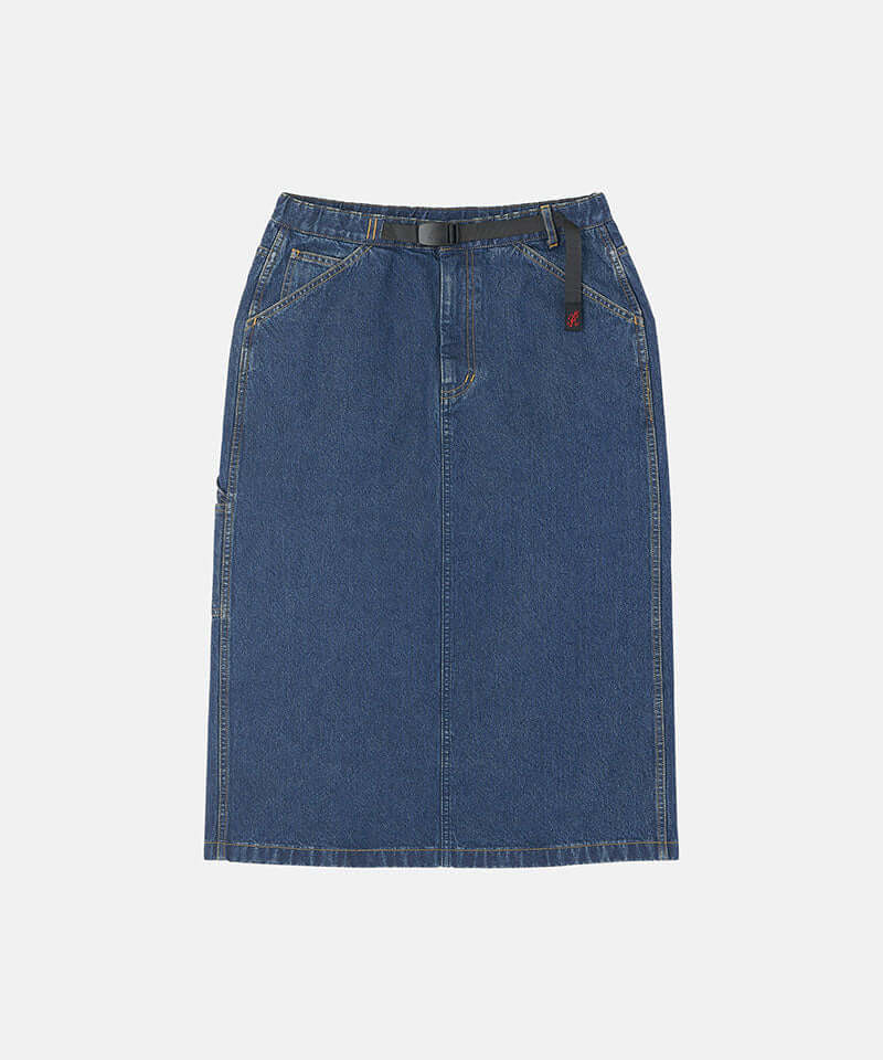 Stone colored Gramicci Denim Carpenter Skirt against a light-tone background.