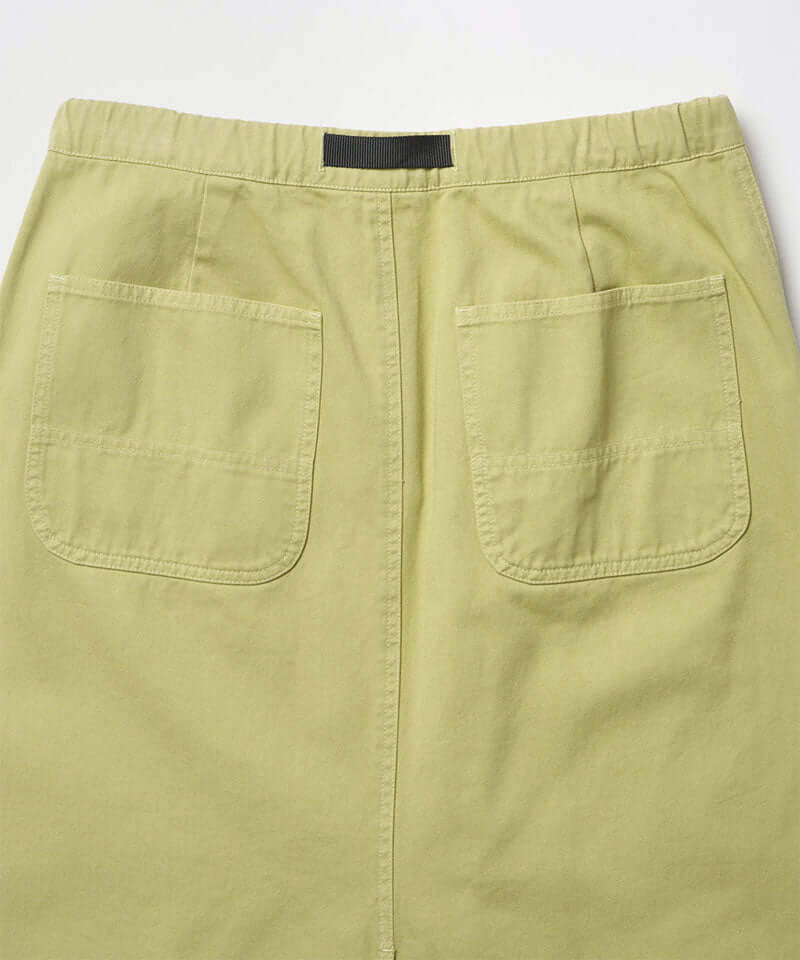 Back view close-up of a elm pigment colored Gramicci 5-Pocket Skirt against a light-tone background.