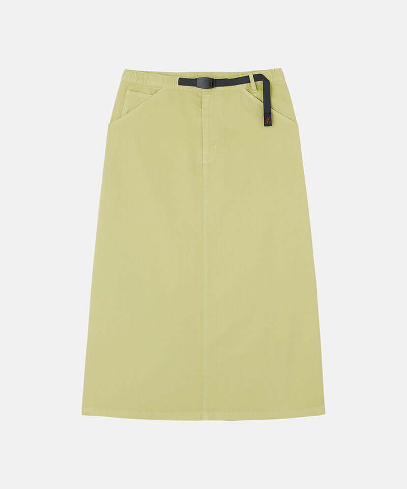 Elm pigment colored Gramicci 5-Pocket Skirt against a light-tone background.
