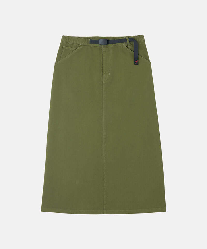 Olive colored Gramicci 5-Pocket Skirt against a light-tone background.