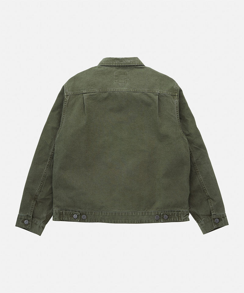 Back view of a Gramicci moss green Taos Canvas Jacket against a light-tone background.