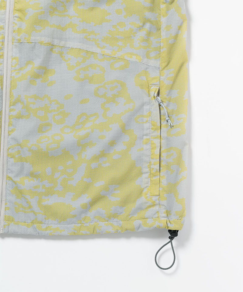 Yellow and gray patterned bag with a zipper on a white background