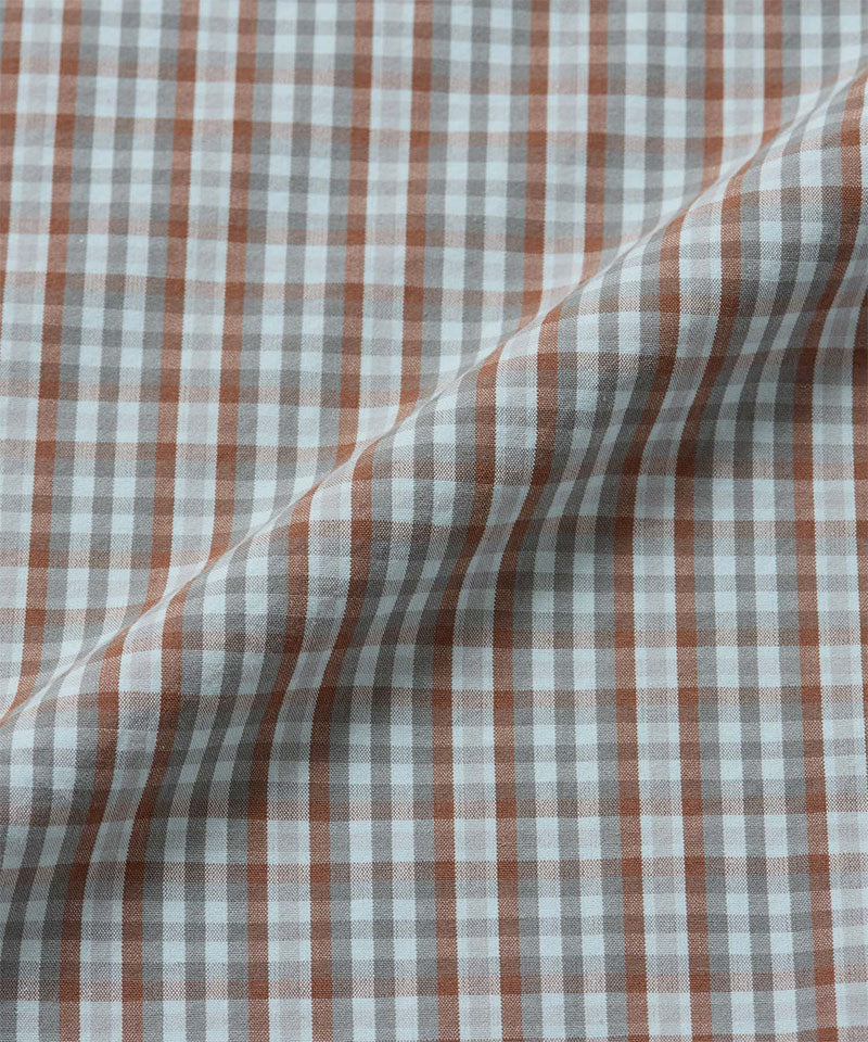 Gramicci brown plaid Poplin Millwood Shirt fabric swatch.