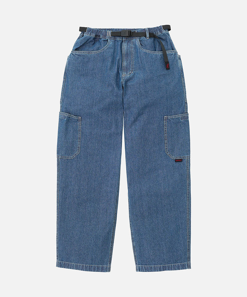 Japanese Chambray Rock Slide Pant in blue with a black belt against a light-tone background.