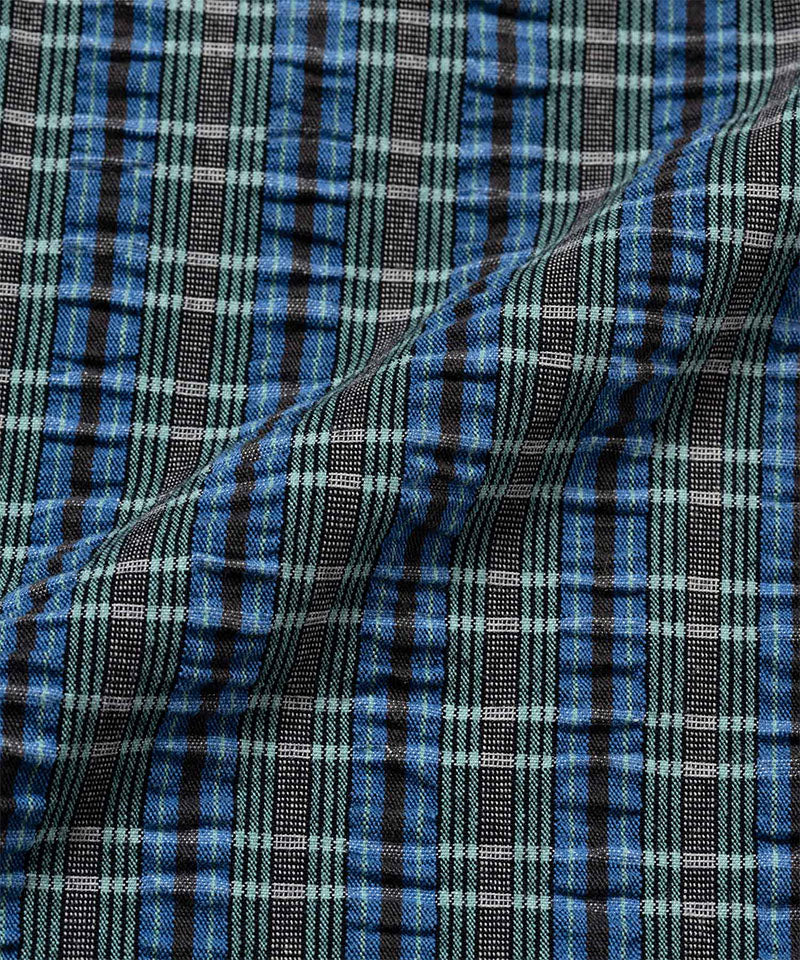 Gramicci blue multistripe Gramicci O.G. G-Short Seersucker Plaid fabric swatch.