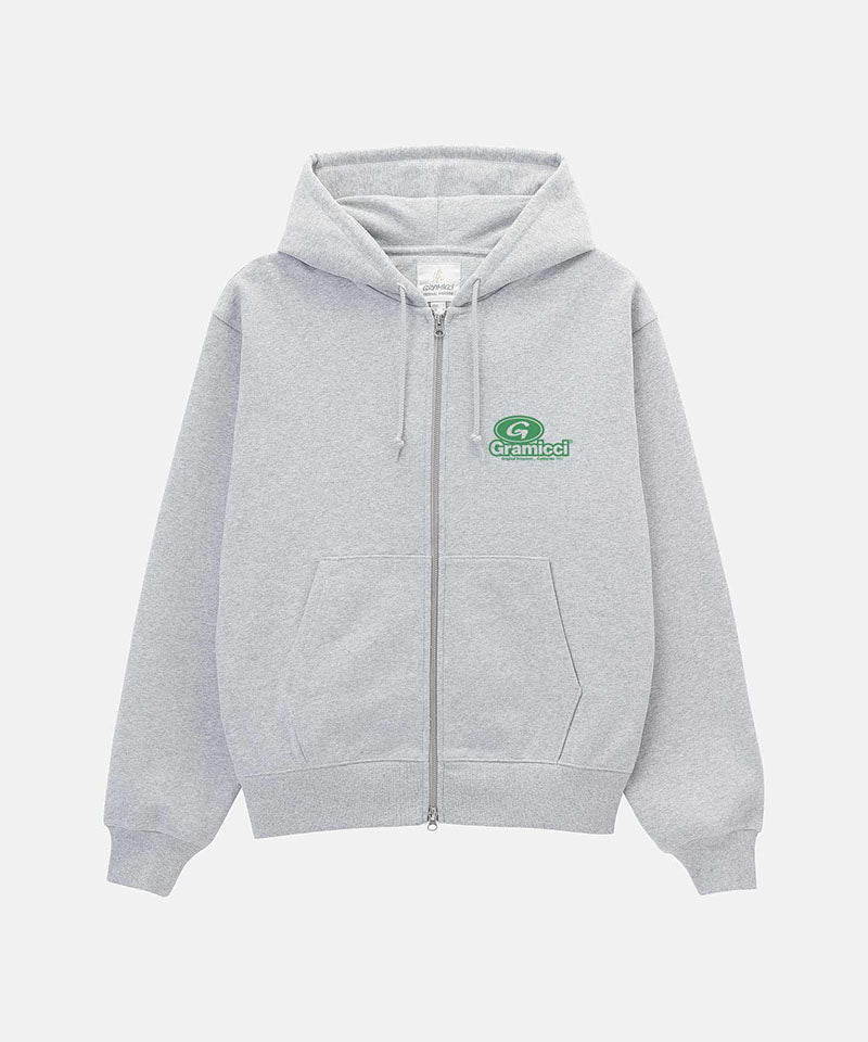 Gray hoodie with a brand logo on a white background